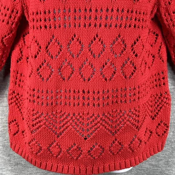 Talbots Womens Lp Red Pointelle Open Knit Sweater 3/4 Sleeve Lattice Diamond Top - Picture 5 of 14